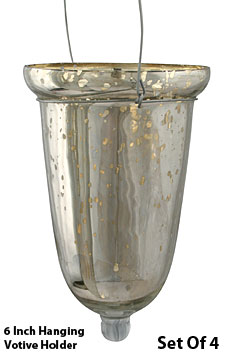 Set of 4 Silver Mercury Glass Hanging Votive Holder - 6 Inches