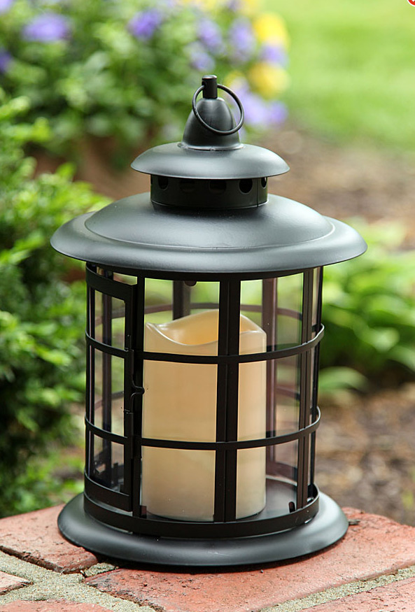 Outdoor Round Metal Flameless Candle Lantern Timer