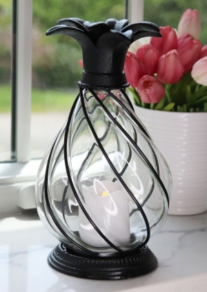 Metal and Glass Pineapple Candle Lantern 10 Inch - Timer