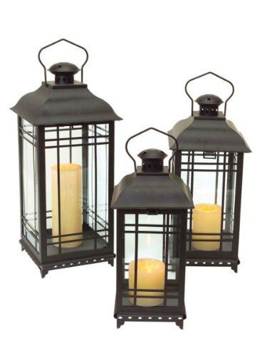 28H Antique Bronze Metal Indoor/Outdoor Lantern with Glass Panes and Timer  