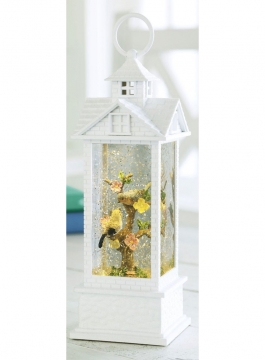 Lighted Water Lantern Birds In White Gazebo Battery Operated - 11.75 Inch
